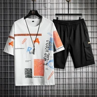 trendy mens leisure suit summer new mens wear a set with trendy handsome sports short sleeve two piece set t