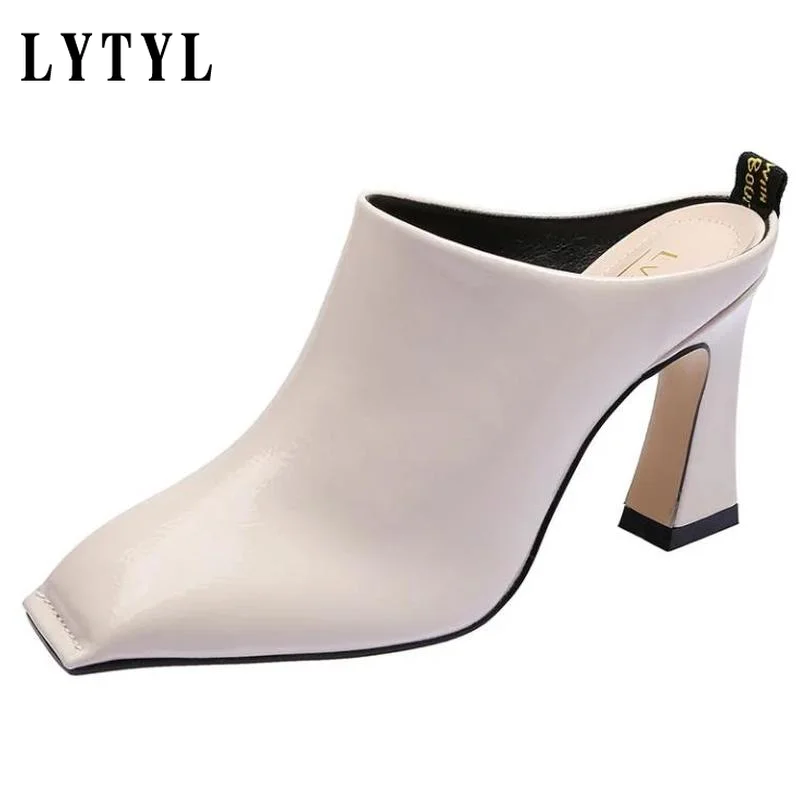

New Fashion High Heeled Slippers Outdoor Wearing Square toe Women Slides Summer Muller Shoes Slip on Soft Patent Leather C1-88