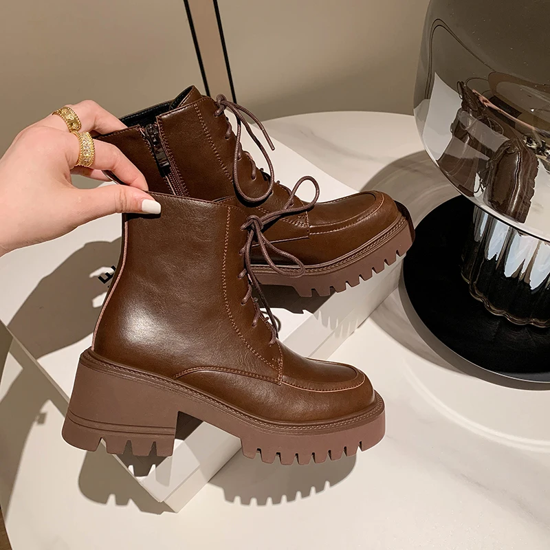 

2022 new winter Women ankle boots natural leather 22-25CM cowhide modern boots square toe side zipper fashion platform boots