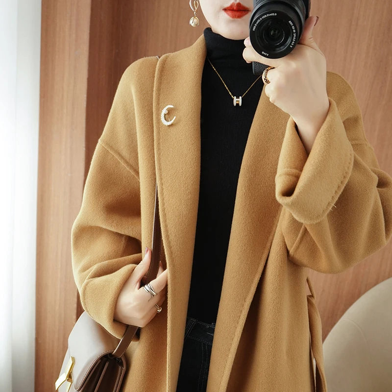 

Autumn and Winter New Double Sided Cashmere Coat Women's Medium Long Loose Lace Up High end 100% Woolen Woolen Coat