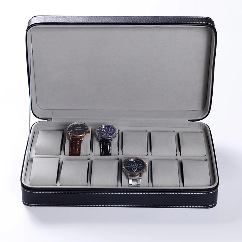 Portable Watch Box Organizer PU Leather Watch Case Zipper Classic Watch Box 6 10 12 Grids Multi-Functional Bracelet Display Case