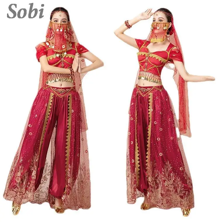 

Женский костюм для индийского танца живота, костюм принцессы из жасмина для Хэллоуина, танцевальная одежда для выступления в Болливуде