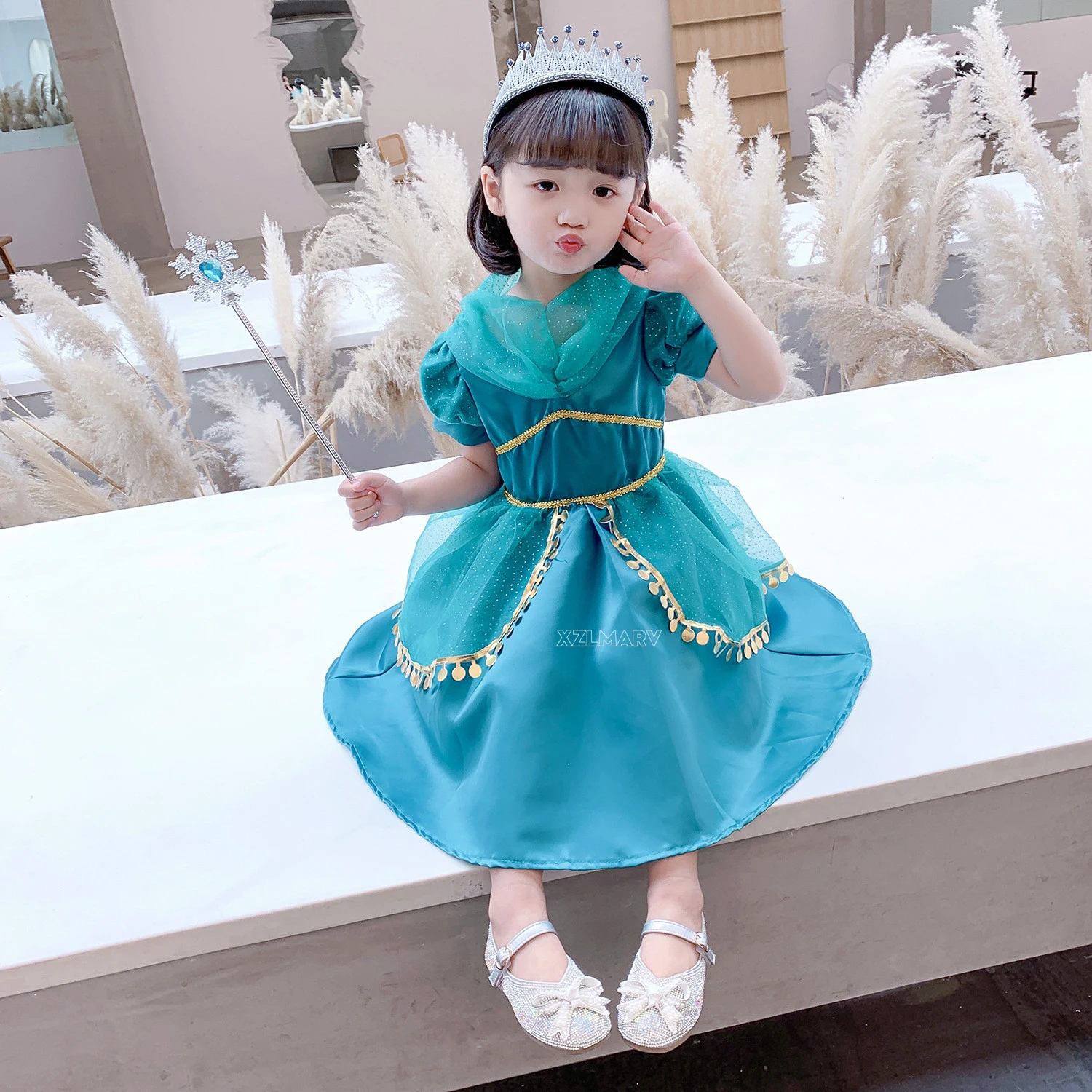 

Aladdin, Маскировка для девочек, костюм на Хэллоуин из жасмина, детское платье, праздничное платье принцессы, зеленые Бальные платья для девоче...