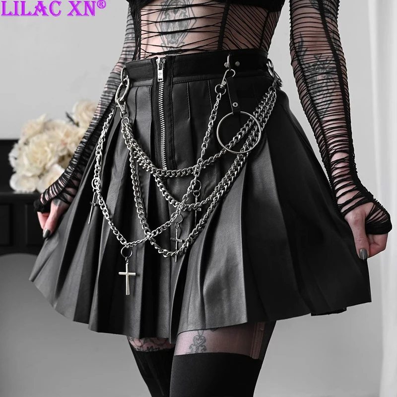 

Y2K Punk Black Leather Chain Mini Skirts Sexy Gothic High Waist Pleated Skirts Vintage Women E Girl Short Skirt Streetwear