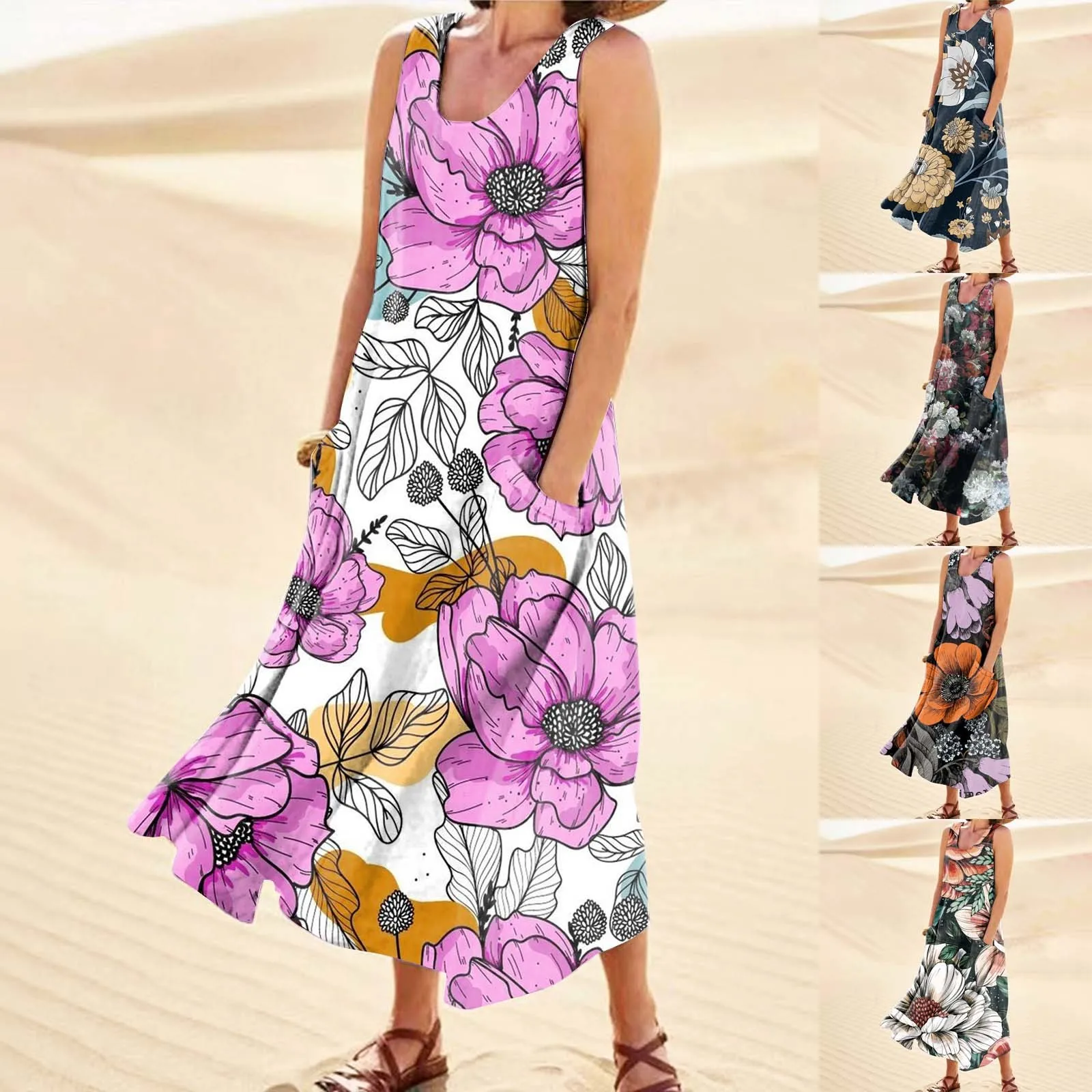 

Женское хлопковое платье без рукавов, повседневное удобное платье с принтом и карманами, модель 2023 на лето