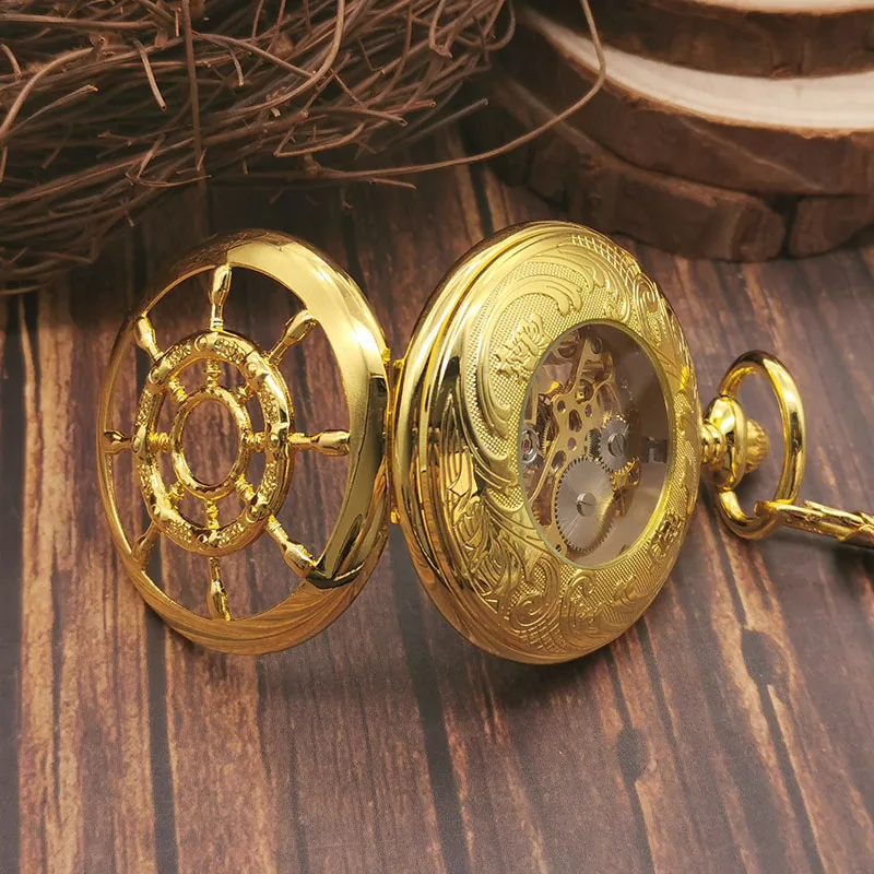 Gold Vintage Rudder Round Wheel Mechanical Pocket Watch Roman Numerals Display Men's Women's Belt Chain Pendant Gift