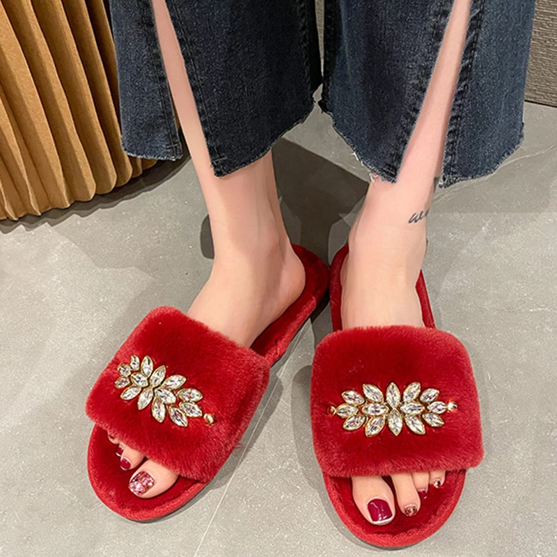 Fashion Crystal Flower Design Women Home Flat Slippers Solid Color Open Toe Home Fur Warm Non-slip Leisure Interior Woman Shoes