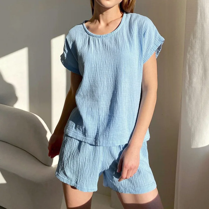 

Летний Повседневный Женский костюм из 100% хлопка, топ с коротким рукавом и шорты из крепа, комплект из двух предметов, пляжная одежда, удобная...