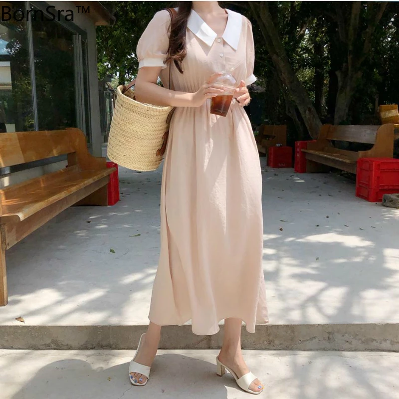 

Платье Bornsra женское короткое до середины икры, элегантное хлопковое винтажное приталенное, с воротником-стойкой, в офисном стиле, розовое, л...