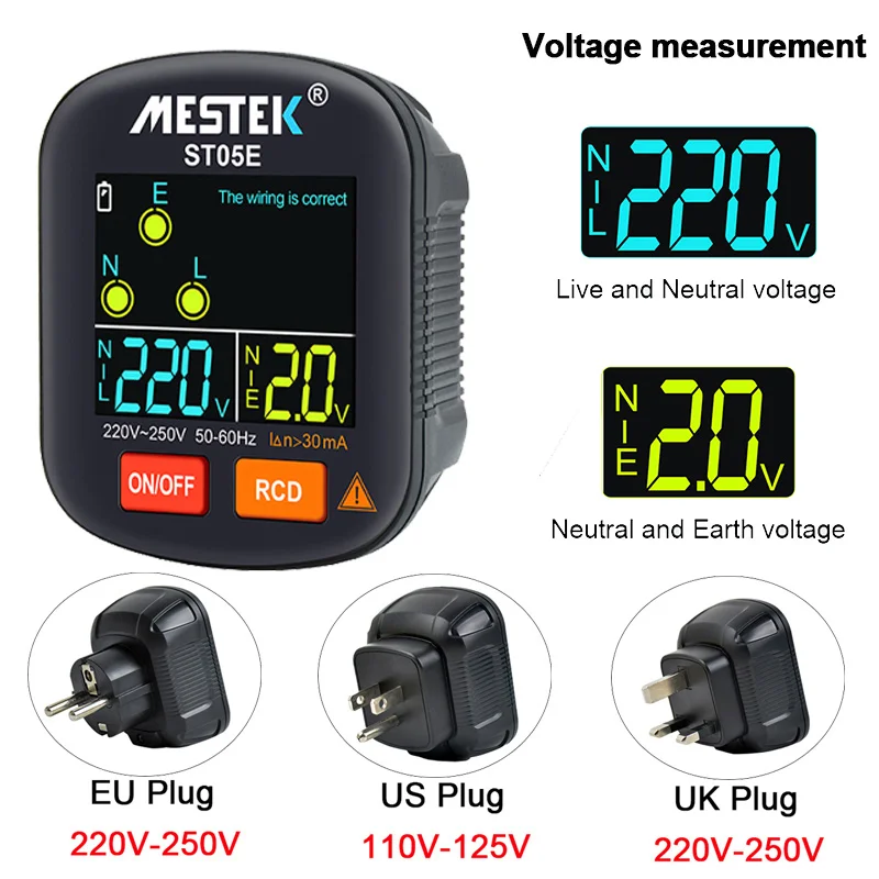 

Digital Socket Tester Pro Voltage Test RCD 30mA Smart Socket Detector UK EU US Plug Ground Zero Line Polarity Phase Check