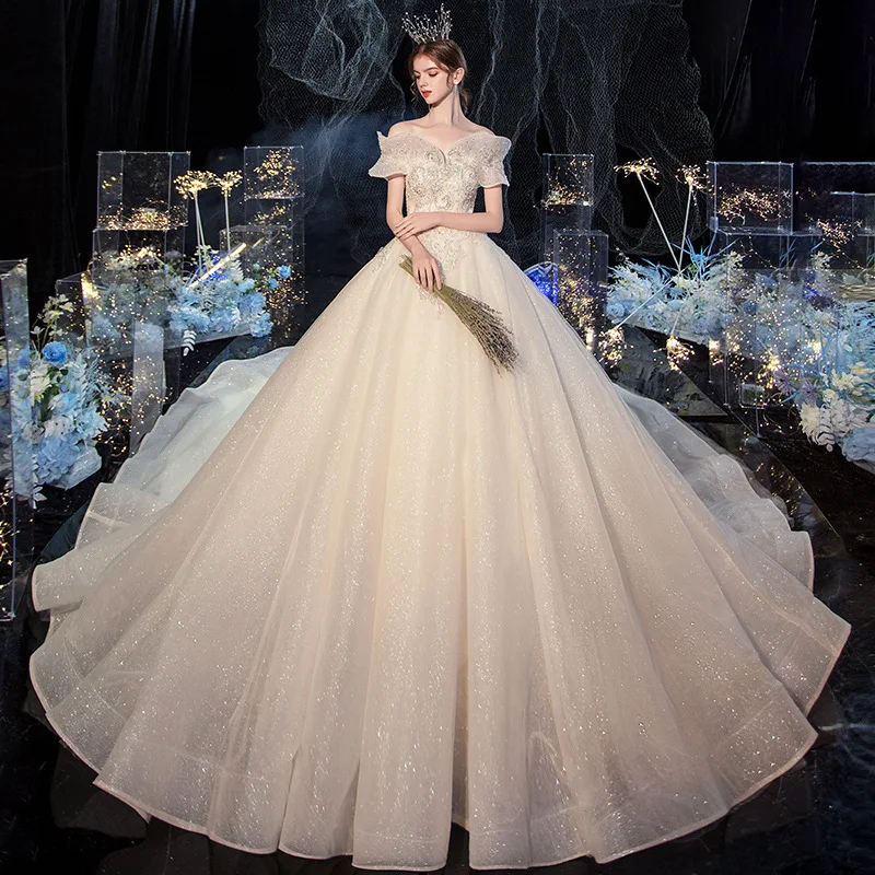 

Starry Sky Main Wedding Dress 2023 New Temperament Bride off-Shoulder Trailing Super Fairy Mori Style Dream Small Wedding Dress