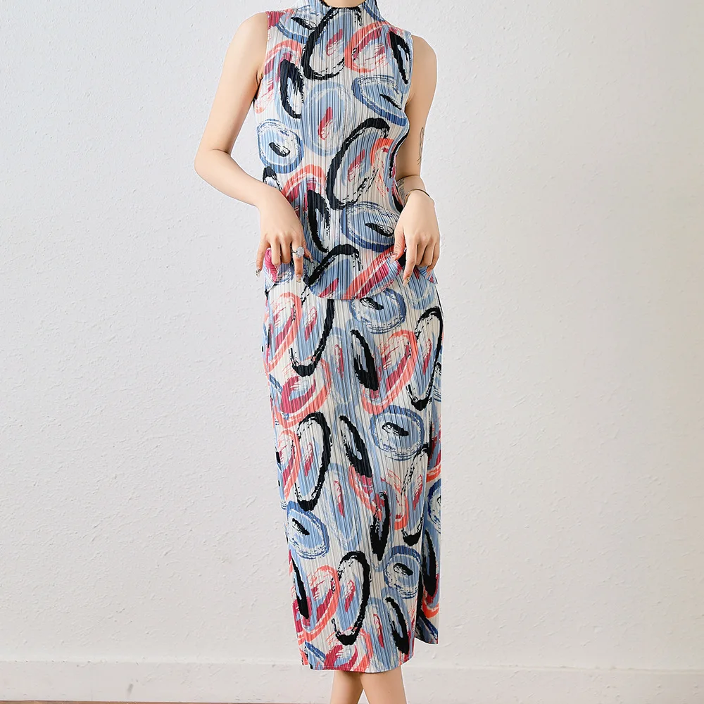 

MIiyake Pleated Suit Women 2022 Summer New Fashion Wear Korean Style Small Temperament Dress Sleeveless Top Two-Piece Suit Women
