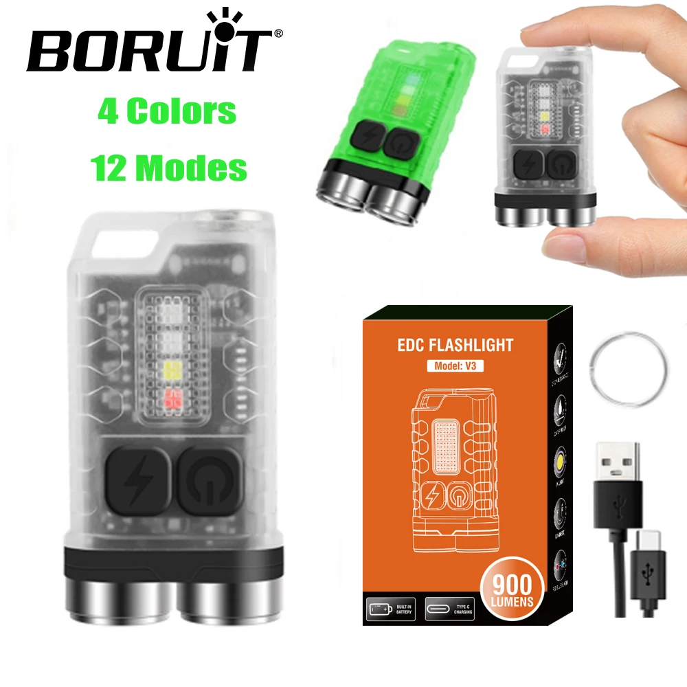 BORUiT V3 Mini EDC Flashlight 900LM Dual LED Light Torch Type-C Rechargeable Waterproof Keychain With Magnet Lantern UV Light