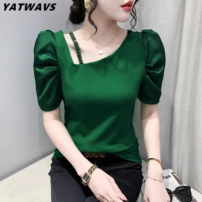 

2023 Summer Korean Clothes T-Shirt Fashion Sexy Skew Collar Suspenders Beading Women Tops Classic Puff Sleeved Cotton Tees Shirt