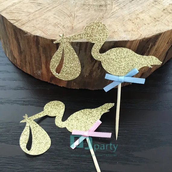 12 шт. глиттерных декораций для кексов "Аист" для вечеринки по поводу рождения ребенка и раскрытия пола.