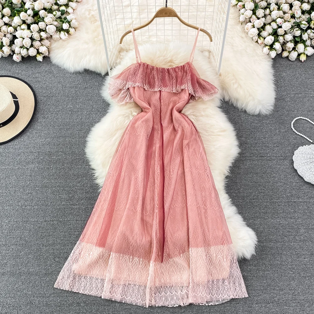 

Women Fashion Retro Pink Spaghetti Dress Fashion Age Reduce Ruffle Off Shoulder Summer Long Suspender Dress For Holiday Photos