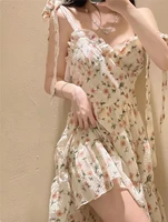 summer mori girl style elegant lace up v neck floral dress women 2022 sundress kawaii fairy princess slip vintage mini dresses