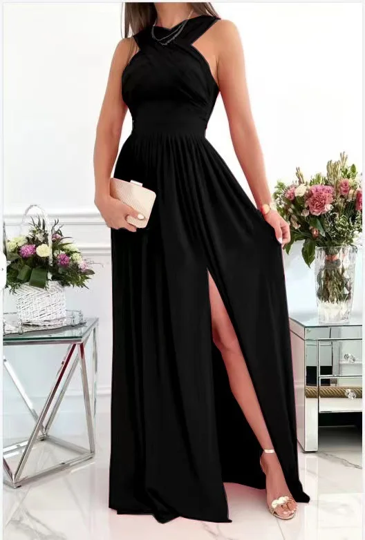 

Summer 2022 Sleeveless Halter Hem Slit Maternity Dress Black