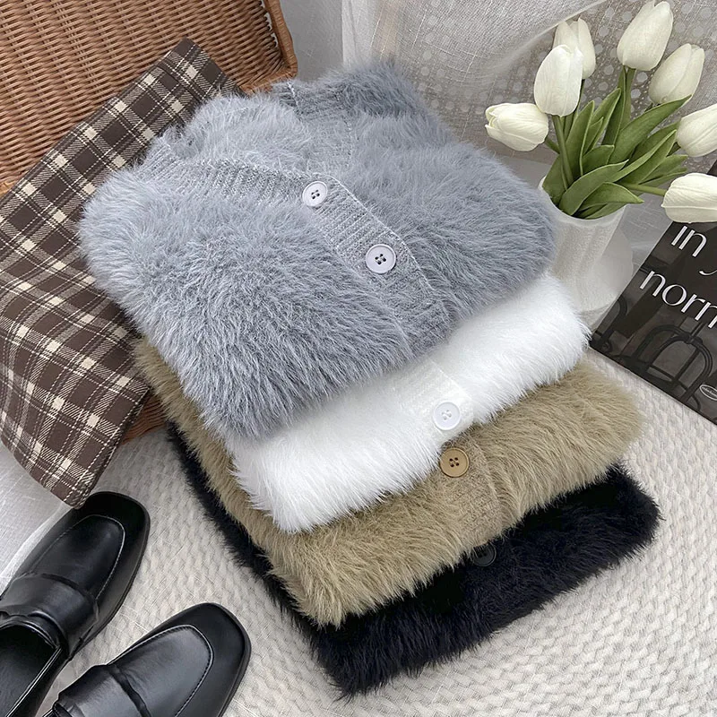 

Knitted Outwear Fluffy Sweater Korean Style Women V-Neck Sweaters Short Cardigan Female Casual Ladies Slim Clothes Dropshipping