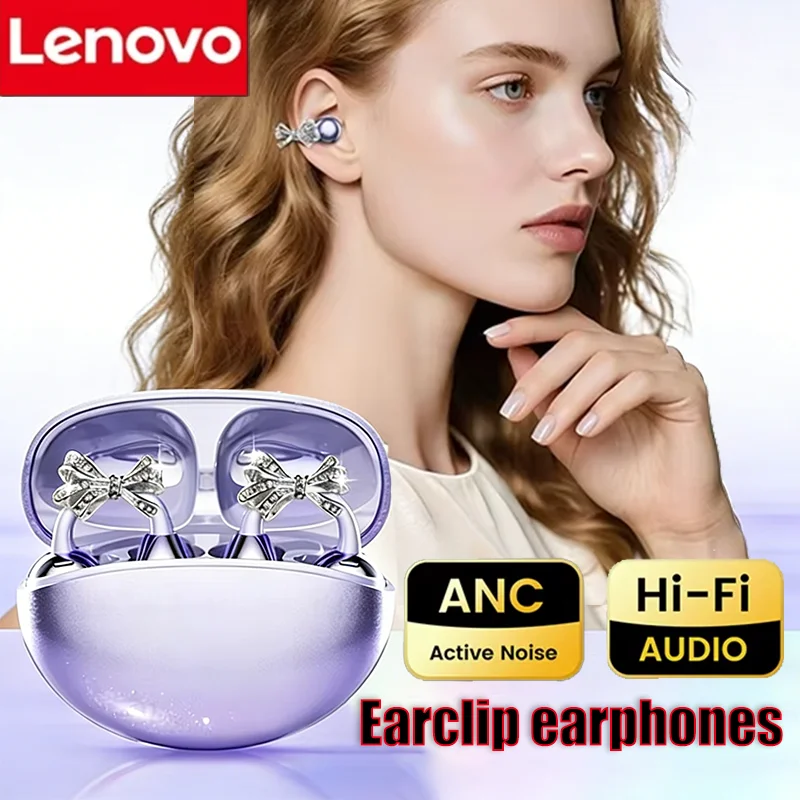 Фото Беспроводные Bluetooth-наушники Lenovo Shining Bow Clip: модные, водонепроницаемые (IPX5), с HD-звуком, для женщин и девушек, для бега и спортзала №1