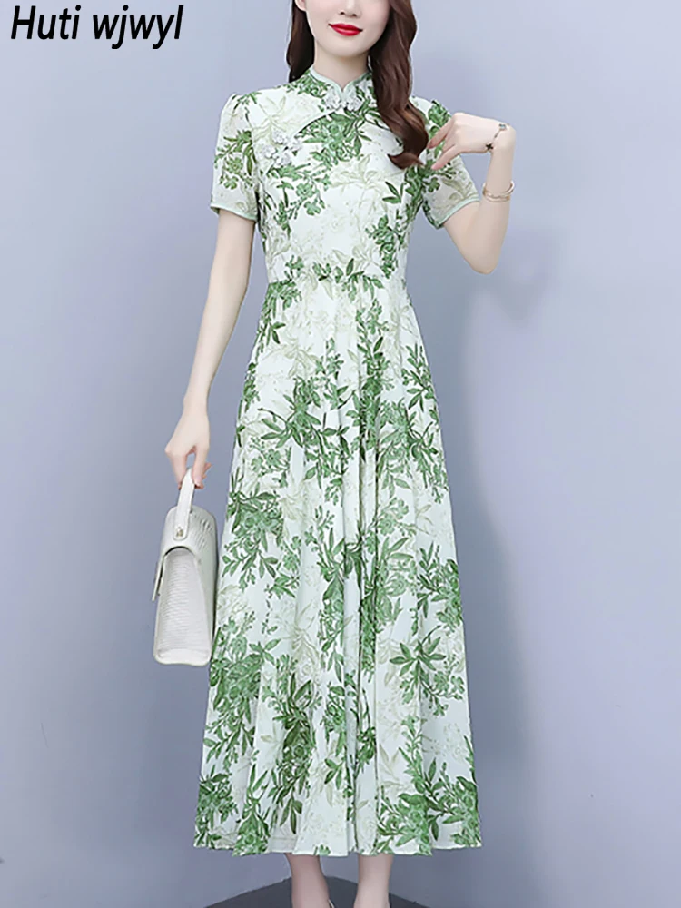 

Зеленое Шифоновое женское вечернее платье с принтом, летнее шикарное и Элегантное повседневное домашнее платье, модель 2023 года, длинное облегающее платье в Корейском стиле для выпускного вечера