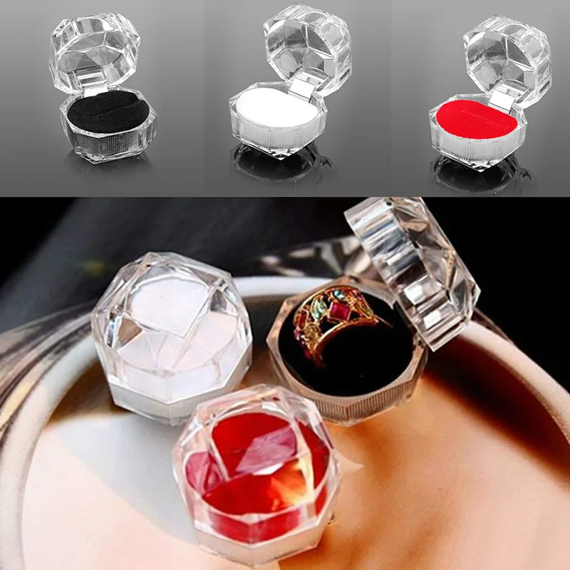 

Clear Crystal Ring Gift Boxes Octagon Square Ring Storage Box Acrylic Ring Boxes for Ring Velvet Insert Black White Red 066C