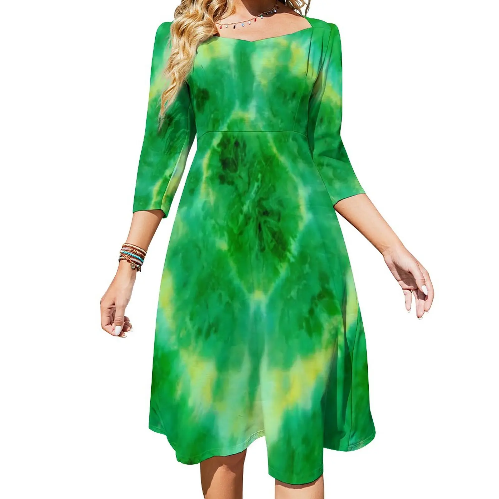 

Green Tie Dye Casual Dress Woman Abstract Print Aesthetic Dresses Sexy Cute Dress Custom Clothing 4XL 5XL 6XL