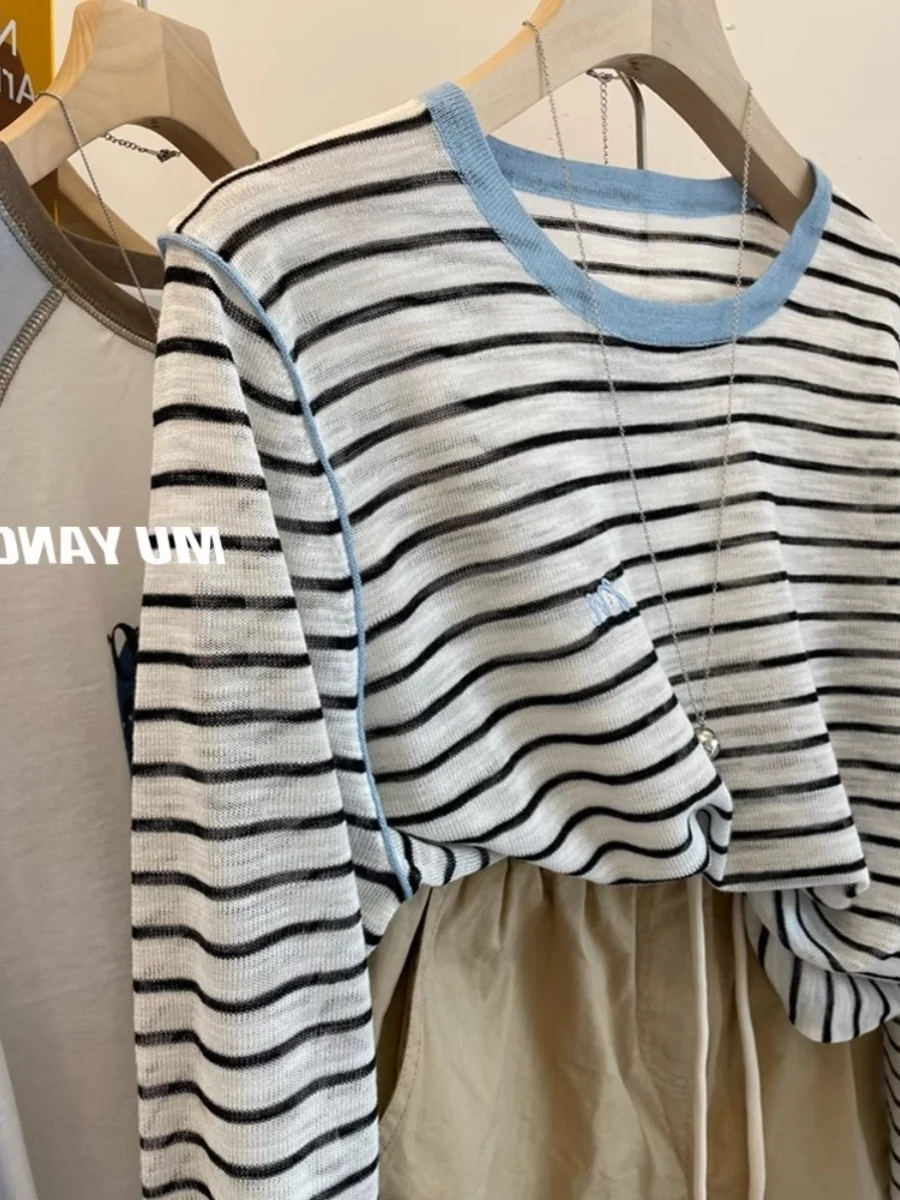 Leak-Picking Women clothes Big Brand Clearance Contrast Color Stripe round Neck Ice Silk Sun Protection Long sleeves Shirt Su...