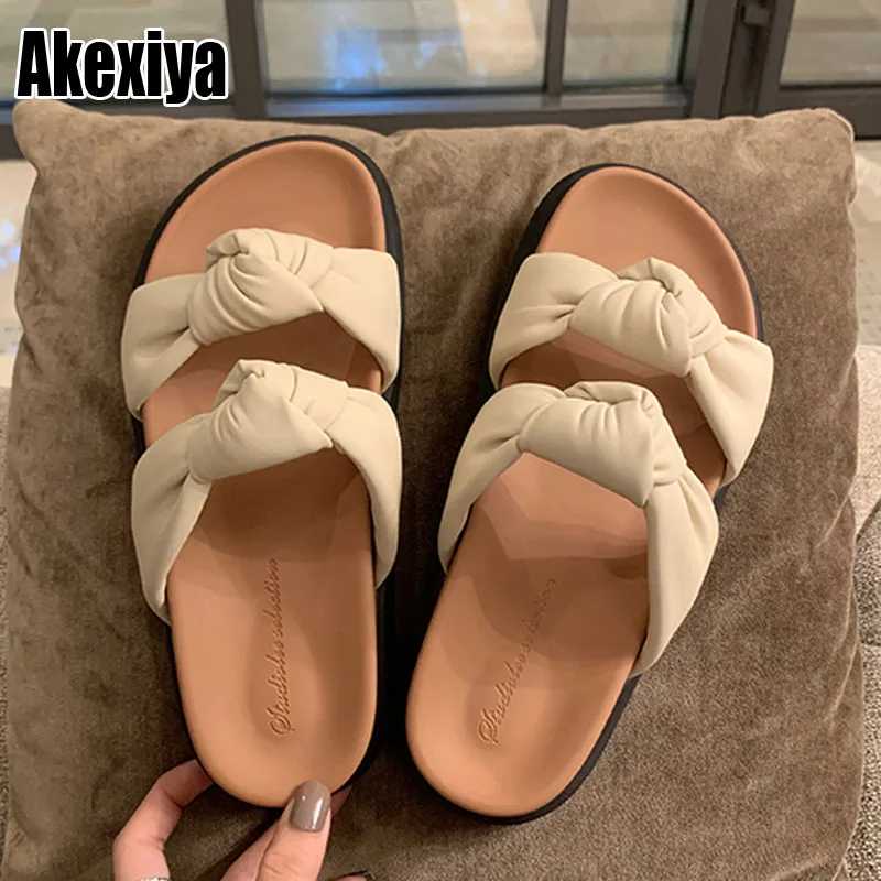 

Women Sandals 2022 Summer Platform Slippers Flats Bow Designer Flip Flops Ladies Slides Bathroom Anti-slip Shoes Women Shoes