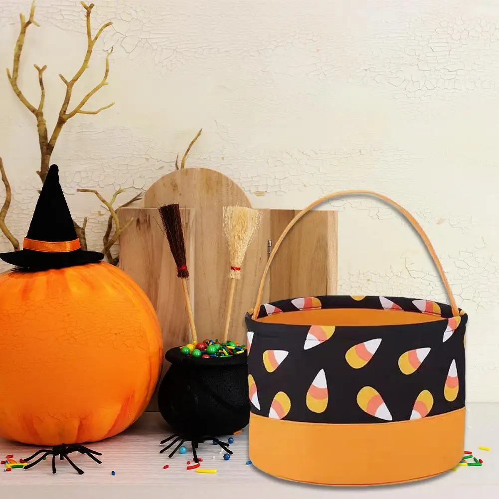 Сумка Для Конфет На Хэллоуин Оранжево-черная В Форме Ведра С Верхней Ручкой И