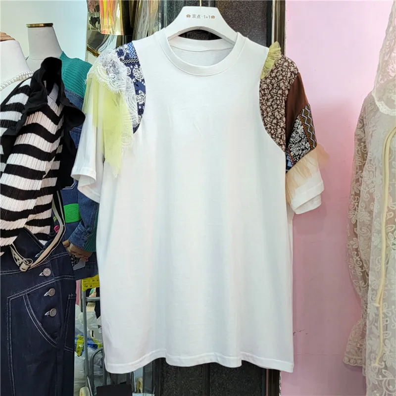 

SuperAen Spring/Summer 2022 New Splicing Gauze Floral Print O Neck Loose Half Sleeve Woman Tshirts