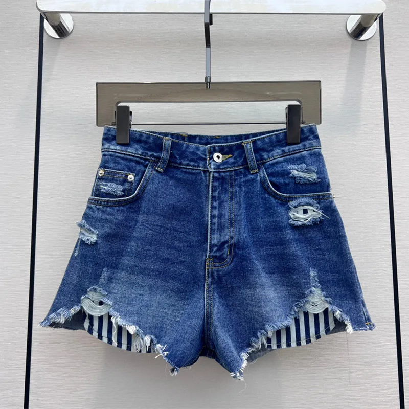 

Miu Deep Blue Jeans with Perforated Tassel Contrast Pockets Mid Waist Versatile Shorts Women's Fashion Pants Summer New Style