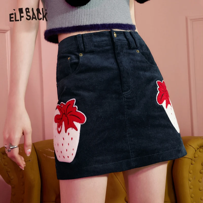 ELFSACK Strawberry Corduroy Skirt Women 2022 Autumn/Winter High Waist Basic Bottom