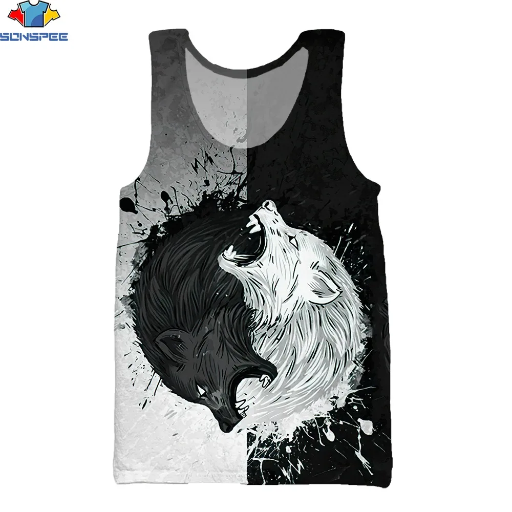 

SONSPEE 3D Print Black White Contrast Color Vest Men's Muscle Vests Chinese Martial Arts Tai Chi Fashion Design O-neck Tank Tops
