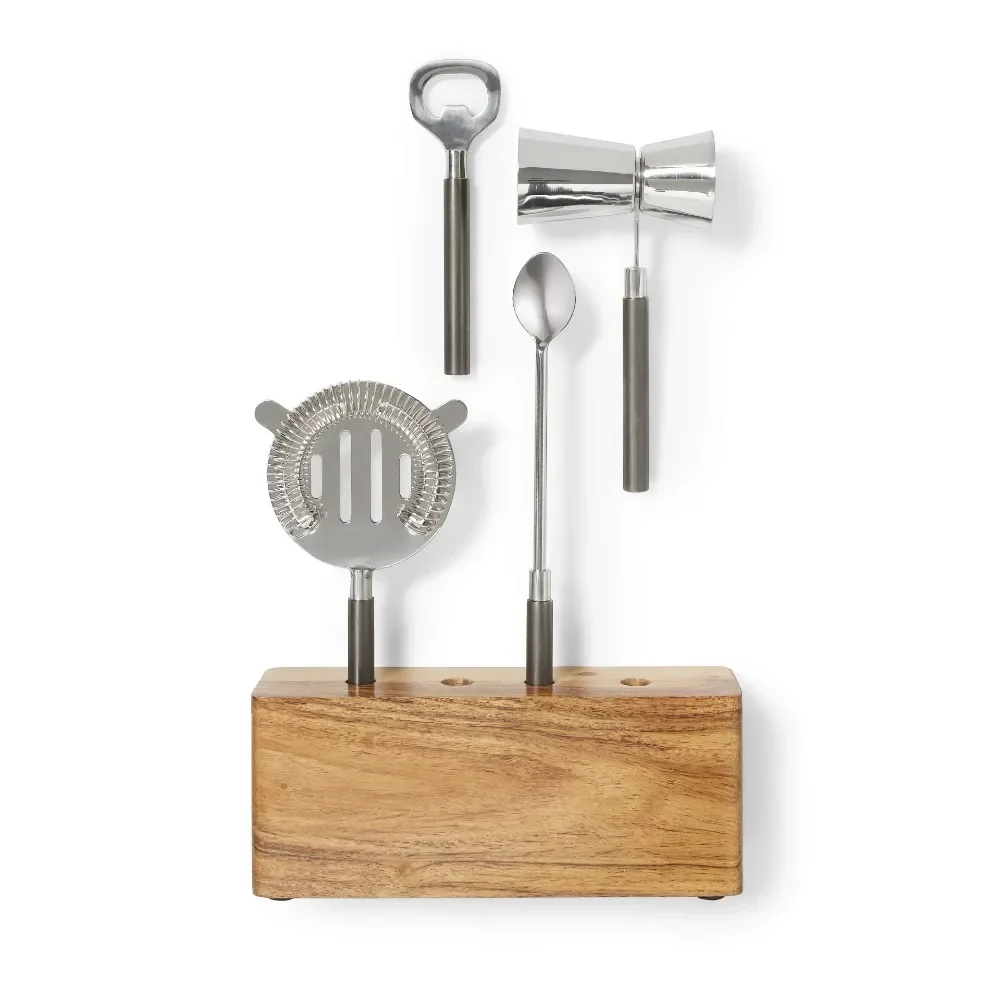 

5-Piece Stainless Steel Bar Tool Set in Wooden Block