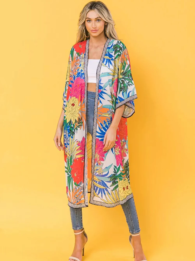 

Пляжная накидка с цветочным принтом для женщин, свободное кимоно, туника для пляжа, купальник, накидка, открытый кафтан спереди, пляжная оде...