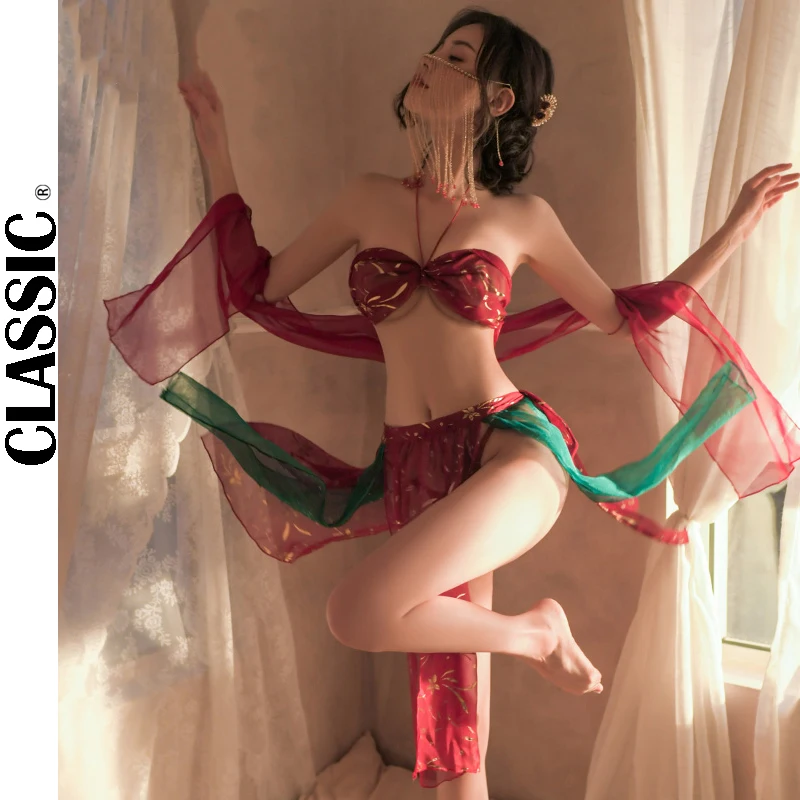 

Женское пикантное нижнее белье с запахом на грудь, пижама, сексуальная одежда, костюм ханьфу для экзотической девушки Феникса, с карманами д...