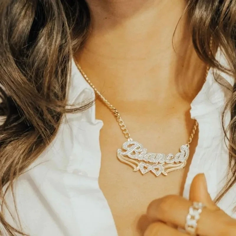 Customized Jewelry Sets Two Tone Double Heart 14K Gilded Nameplate Personalized Name Necklace Heart Shaped Bamboo Earrings Sets