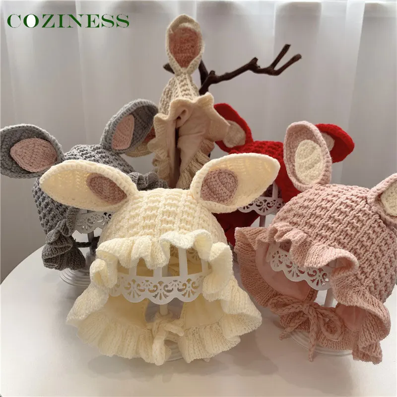 

Baby Hats Ruffle Cute Cartoon Rabbit Modeling Anti-Cold Baby Cap Autumn Winter Outing Travel Keep Warm Wool Knitting Kids Hat