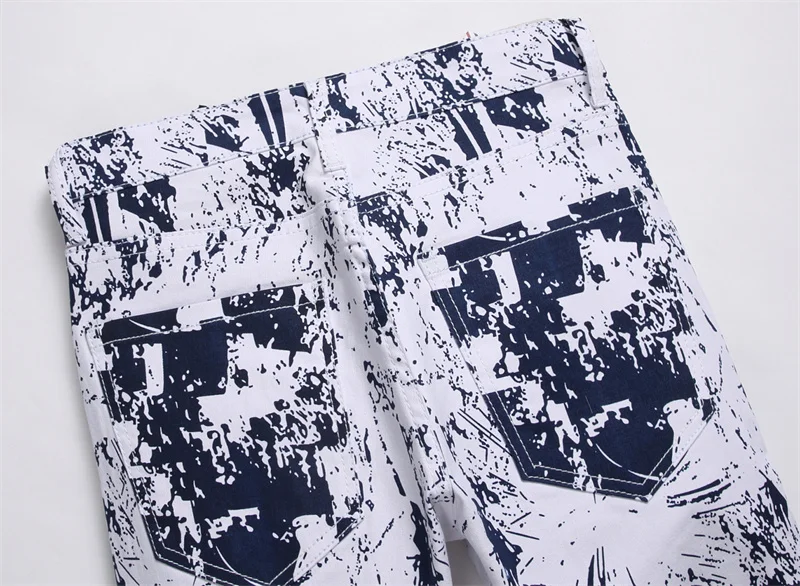 Men's Colorful Graffiti Printed Jeans Y2K Colorful Slim Fit Tapered Elastic Casual Pants Fashion Street Clothing Small Foot Pant