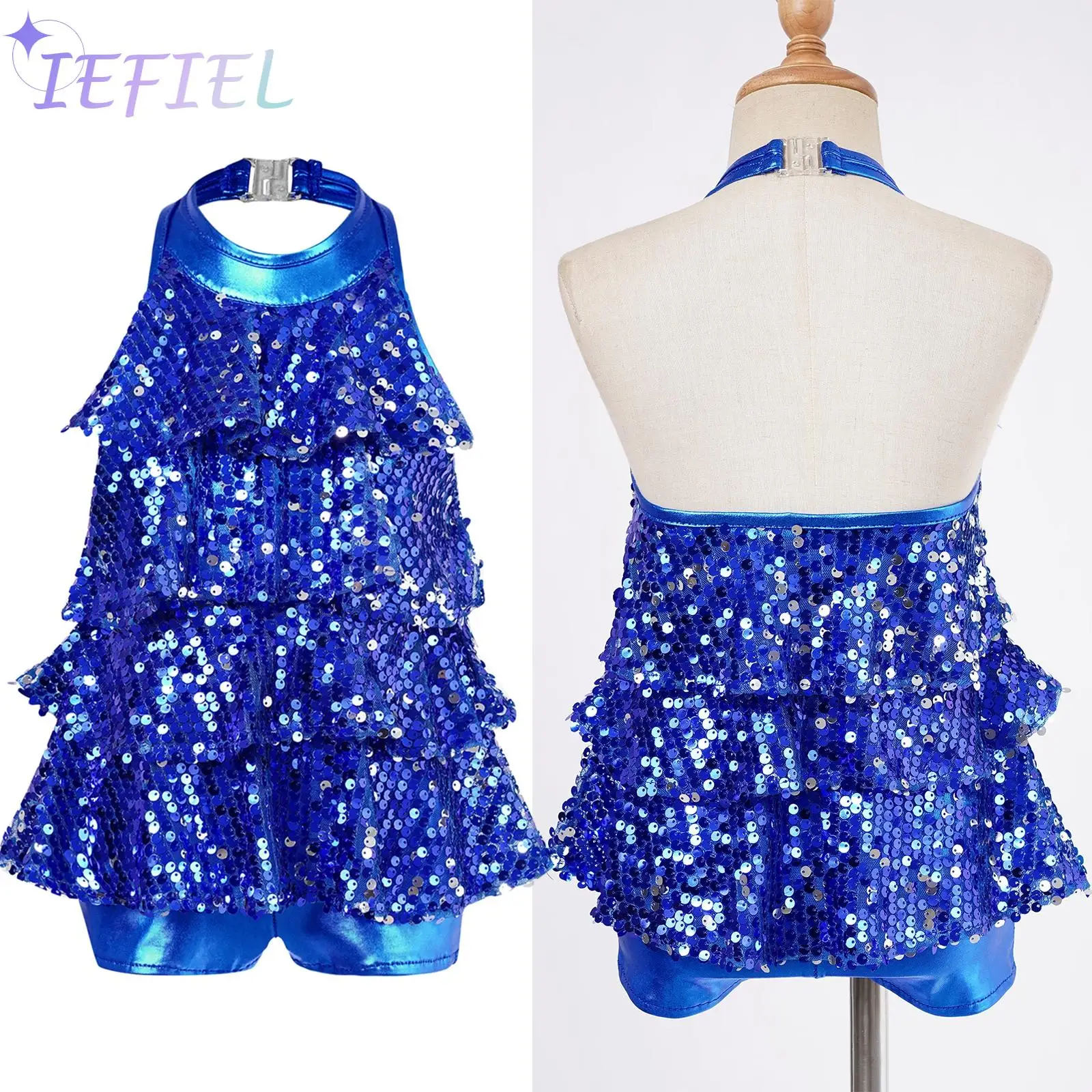 

Kids Girls Sequins Dress Halter Shiny Dress Ballet Dance Shorty Unitard Dress Modern Jazz Latin Dancing Costumes