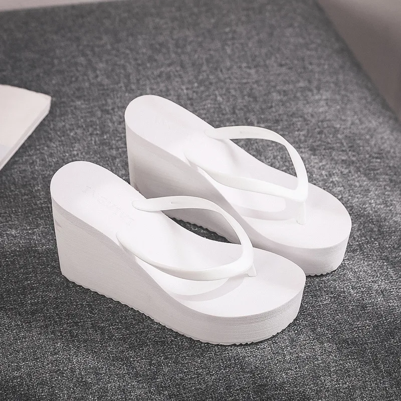 Ladies Summer Shoes Ladies 2022 Wedge Rubber Flip-Flops High Heel Mules Candy Color Platform Women Beach Slippers White 39