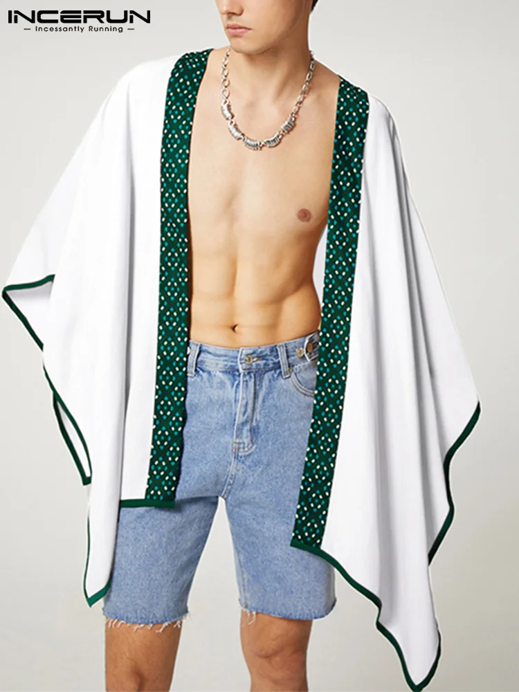 

INCERUN Men Irregular Shirt Patchwork Loose 2022 3/4 Sleeve Casual Cardigan Cloak Open Stitch Streetwear Vintage Men Clothing