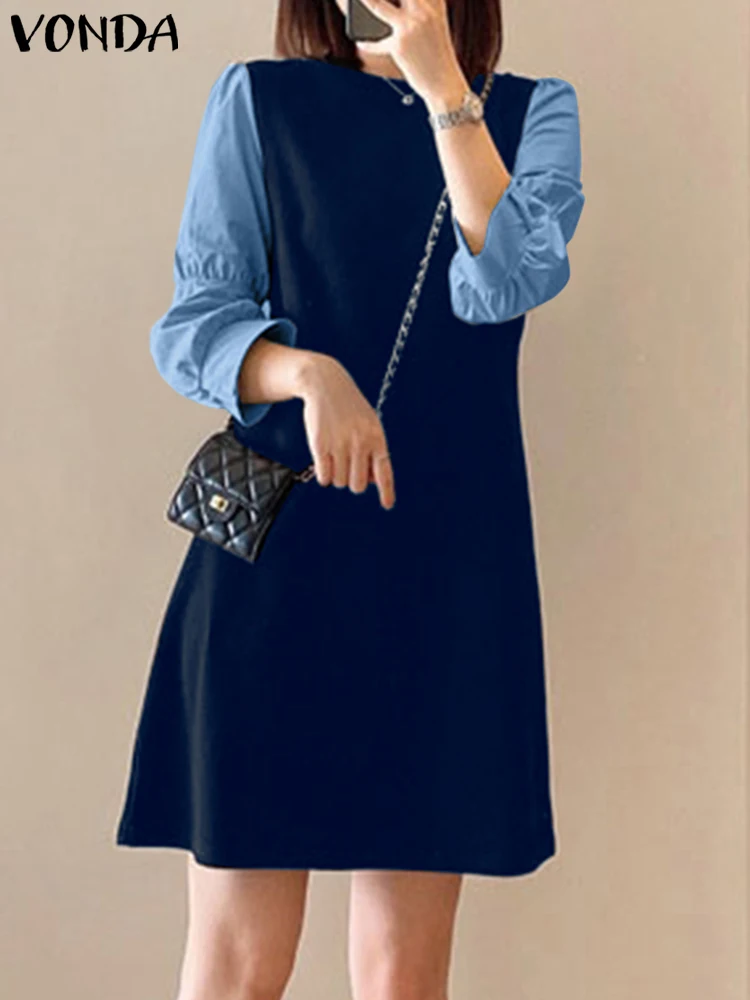 

Women Casual Solid colorDress 2023 VONDA Fashion Dress Bohemian Patchwork Sundress 3/4 Sleeve O-Neck Vestidos Female Robe Femme
