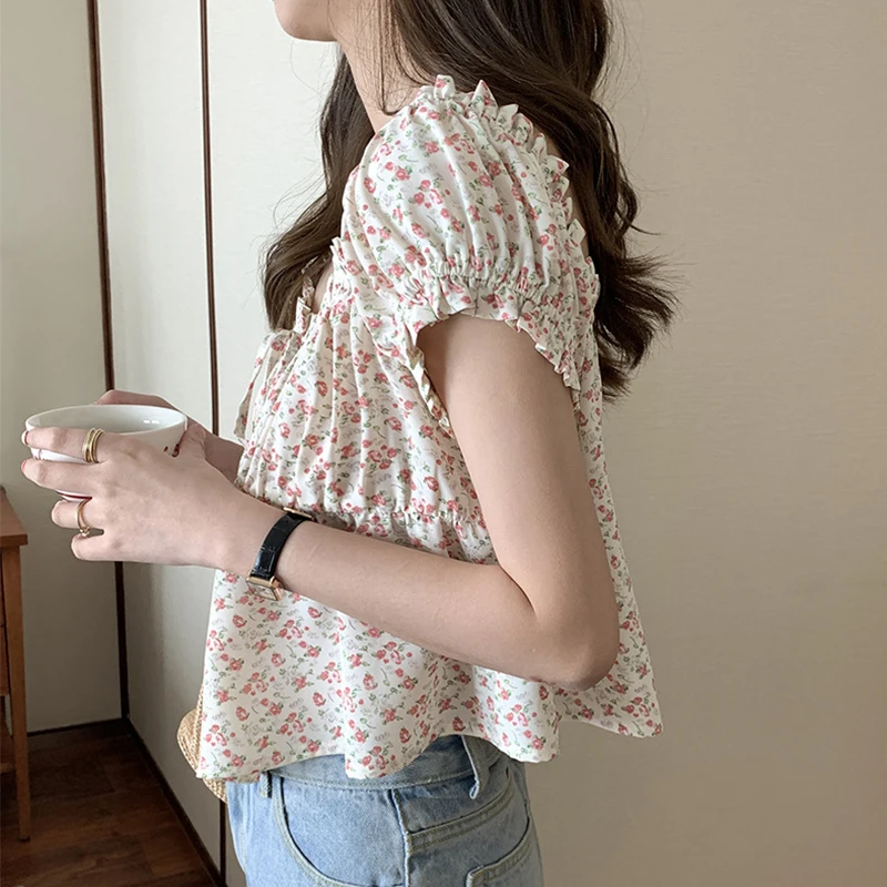 Square Neck Short Sleeve Floral Women's Blouse Fashion Puff Sleeve Ladies Top Casual Loose Short Tops 2022 Summer New images - 6