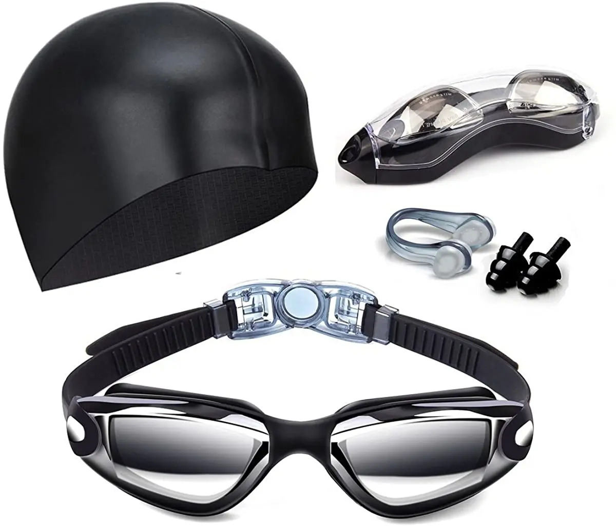

Swimming Cap Nose Clip Earplugs Set, Swimming Goggles Glasses with Nose Clip, Earplugs and Shell