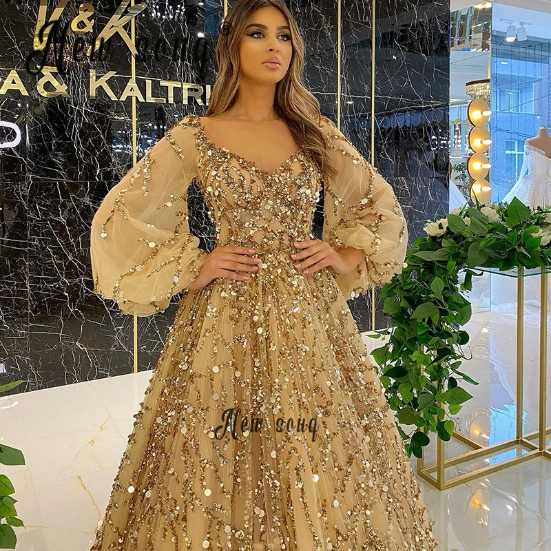 

Luxury Dubai Champagne Muslim Evening Dress For Women Long Sleeve A Line Arabic Formal Gowns Wedding Guest Party Gowns