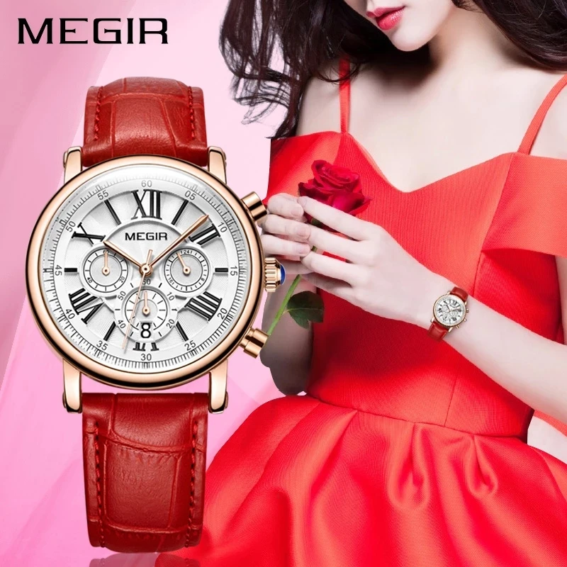 

MEGIR Brand Luxury Chronograph Quartz Watches Women Red Leather Strap Ladies Wrist Watch 24 Hours Sport Clock Relogio Feminino