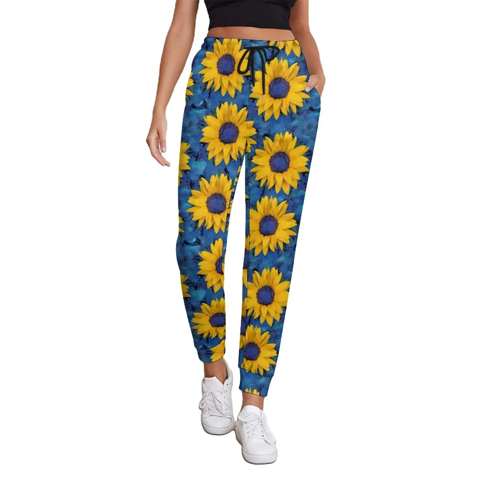 

Sunflower Print Pants Blue Leaf Print Korean Fashion Sweatpants Spring Ladies Modern Custom Oversize Trousers Birthday Present