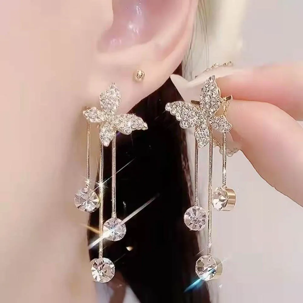 

1 Pair Fashion Shiny Butterfly Rhinestone Drop Dangle Earrings Women Elegant Long Pearl Tassel Chain Pendant Party Jewelry